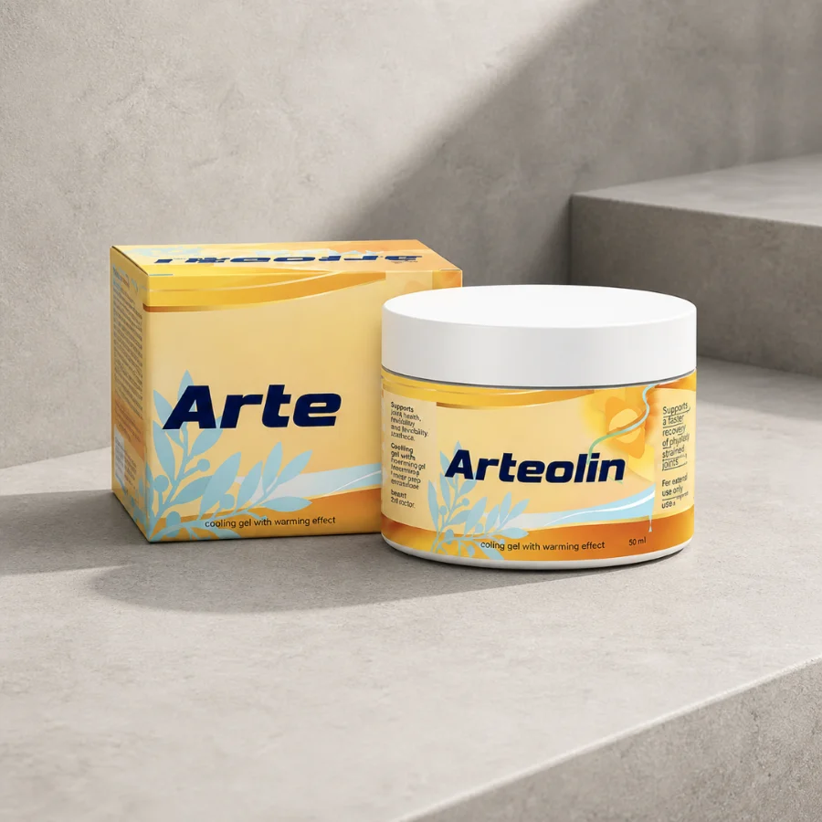 Kelímek hřejivého kosmetického gelu Arteolin o objemu 50 ml vedle papírové krabičky